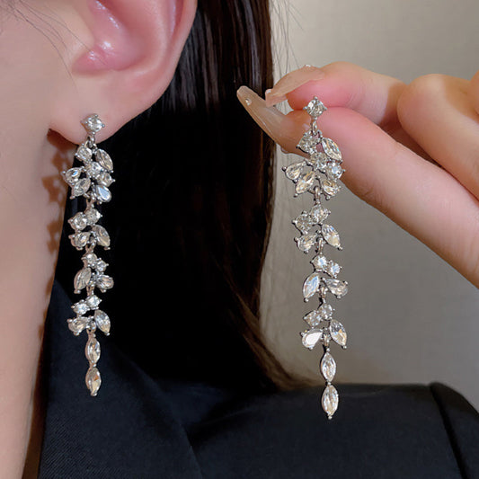 Elegant Sparkling Leaf Shape Long Earrings