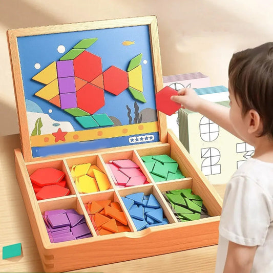 Drewniany magnetyczny zestaw puzzli z klockami do układania wzorów