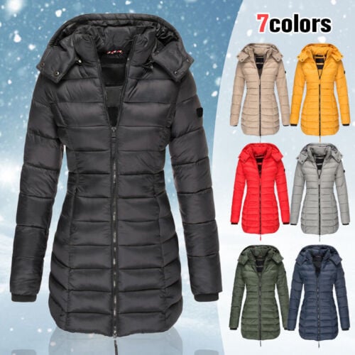 Winter women\'s mid-length padded jacket warm solid color hooded jacket